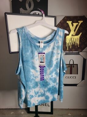 90 Degree By Reflex Light Blue Tie-Dye Cold Shoulder Tank Top